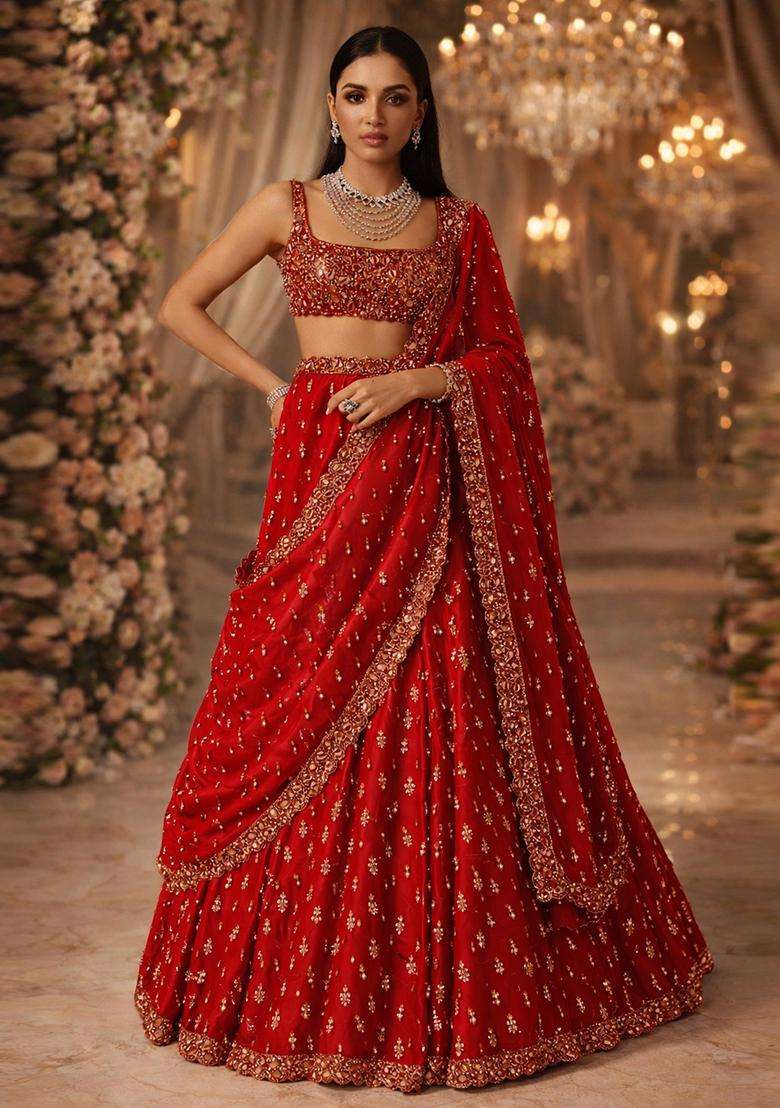 Red Embroidered Bridal Lehenga Set - Indya
