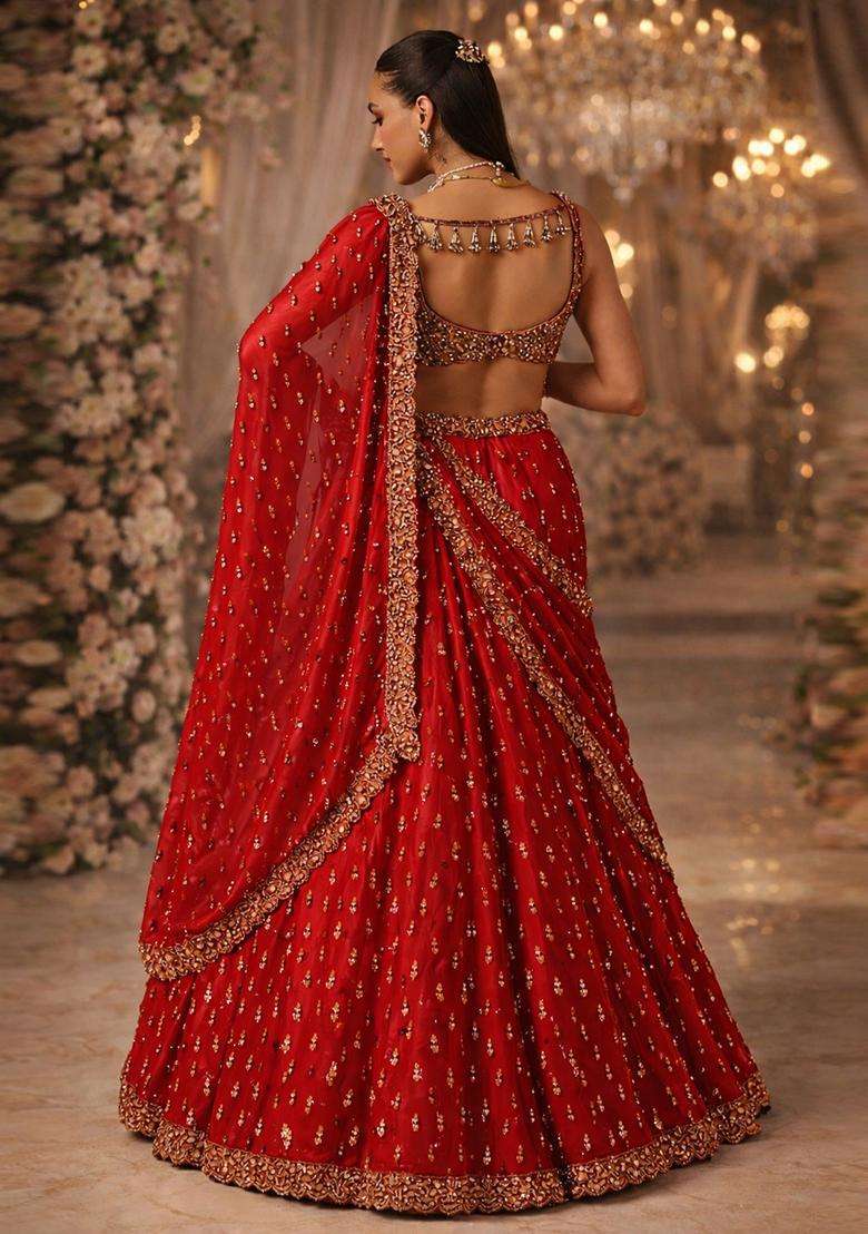 Red Embroidered Bridal Lehenga Set - Indya