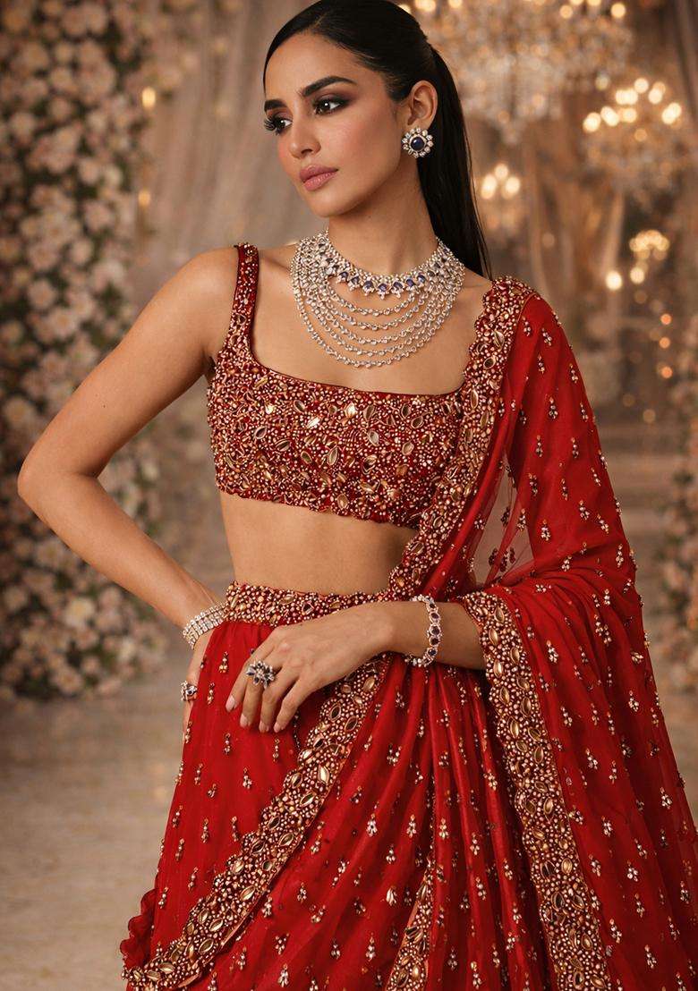 Red Embroidered Bridal Lehenga Set - Indya