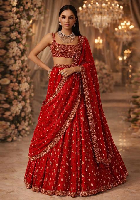 Red Embroidered Bridal Lehenga Set — view on Indya