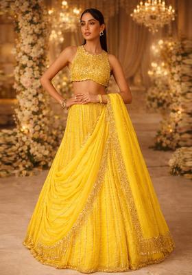 Bright Yellow Embroidered Bridal Lehenga Set