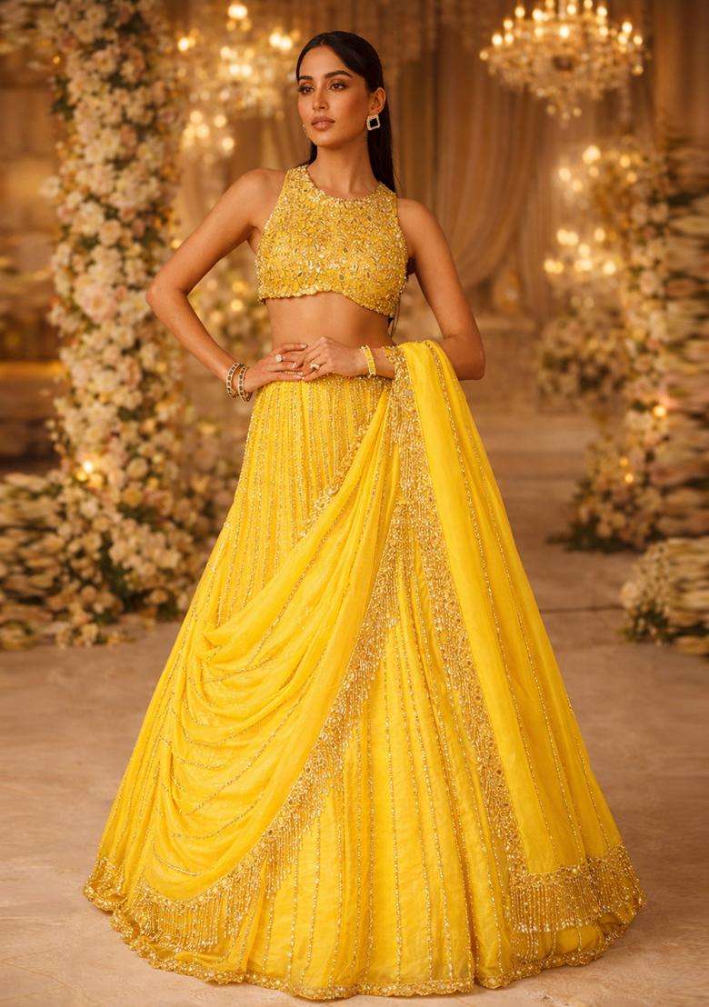 Bright Yellow Embroidered Bridal Lehenga Set - Indya