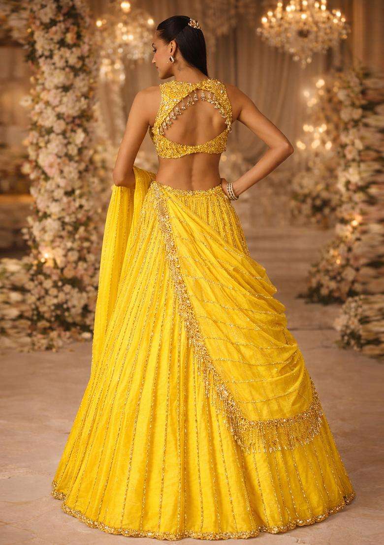 Bright Yellow Embroidered Bridal Lehenga Set - Indya