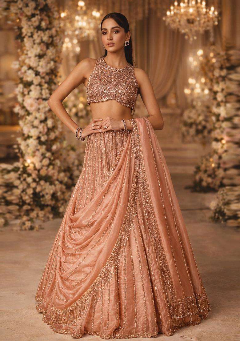 Dusky Pink Embroidered Bridal Lehenga Set - Indya