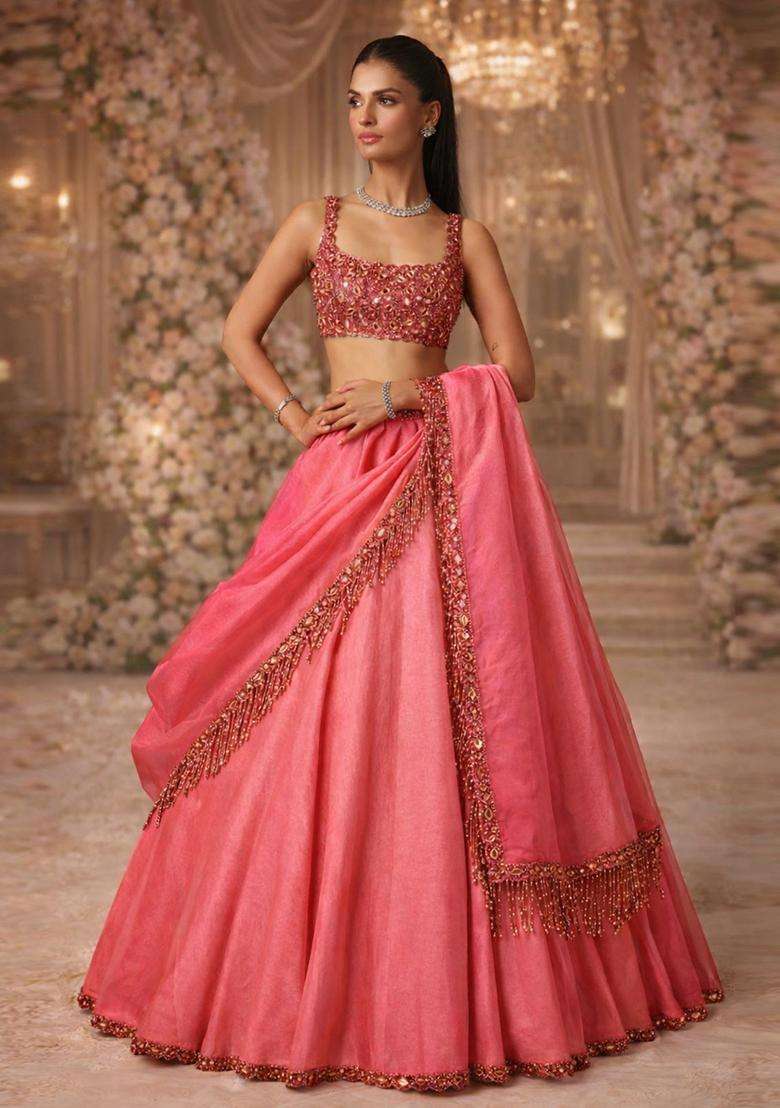 Coral Pink Embroidered Bridal Lehenga Set - Indya