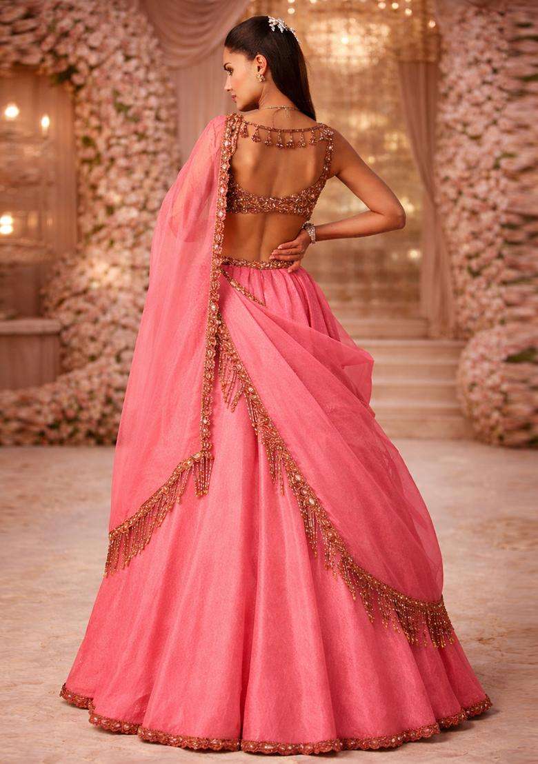 Coral Pink Embroidered Bridal Lehenga Set - Indya