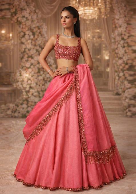 Coral Pink Embroidered Bridal Lehenga Set — view on Indya