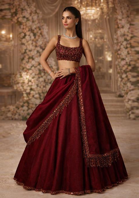 Deep Maroon Embroidered Bridal Lehenga Set — view on Indya