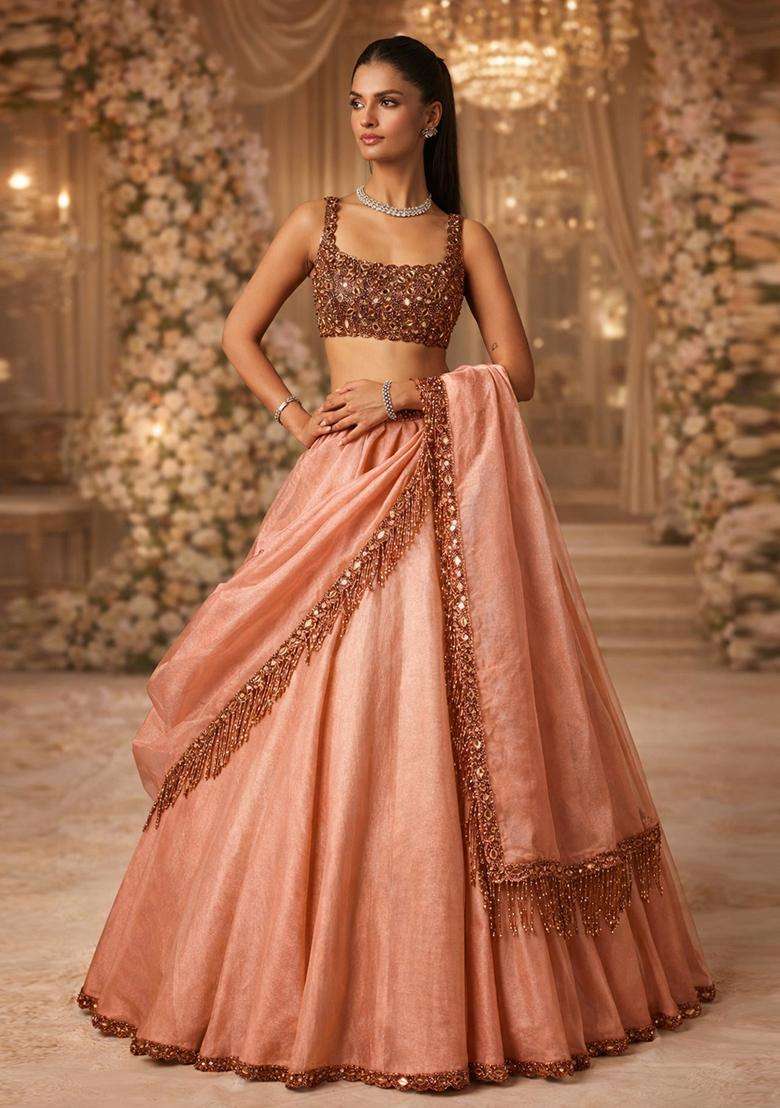 Soft Peach Embroidered Bridal Lehenga Set - Indya