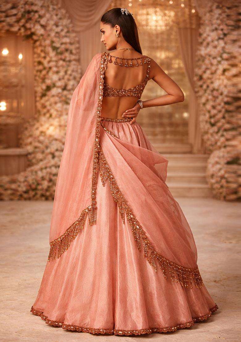 Soft Peach Embroidered Bridal Lehenga Set - Indya