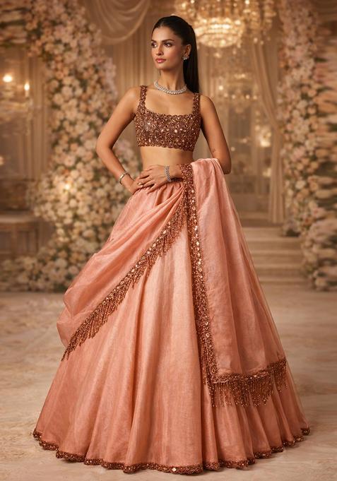 Soft Peach Embroidered Bridal Lehenga Set — view on Indya