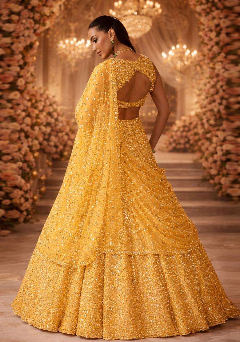 Bright Yellow Embroidered Bridal Lehenga Set - Indya