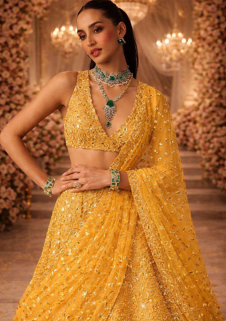 Bright Yellow Embroidered Bridal Lehenga Set - Indya
