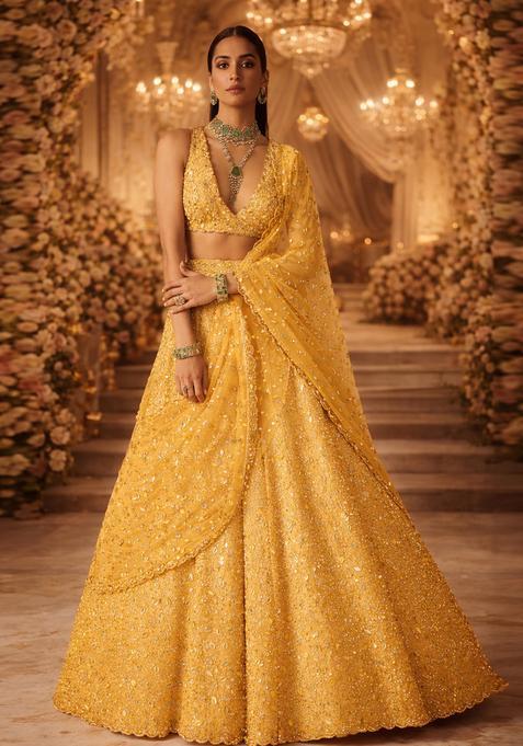 Bright Yellow Embroidered Bridal Lehenga Set — view on Indya