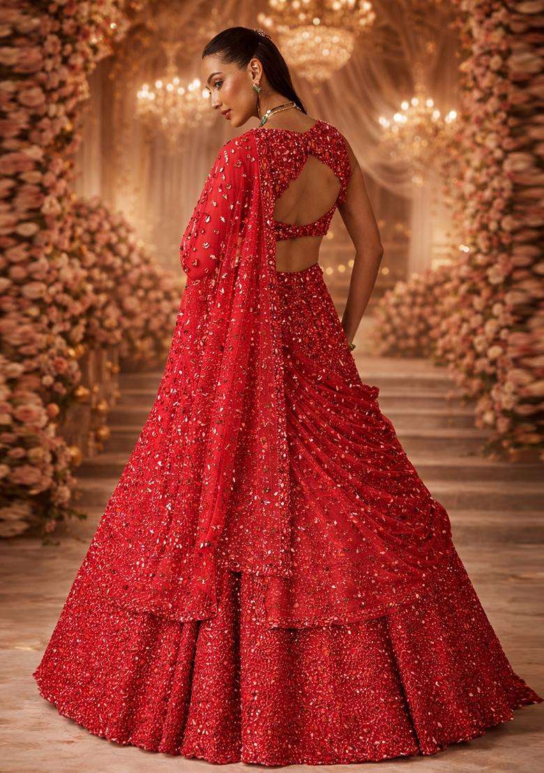 Red Embroidered Bridal Lehenga Set - Indya