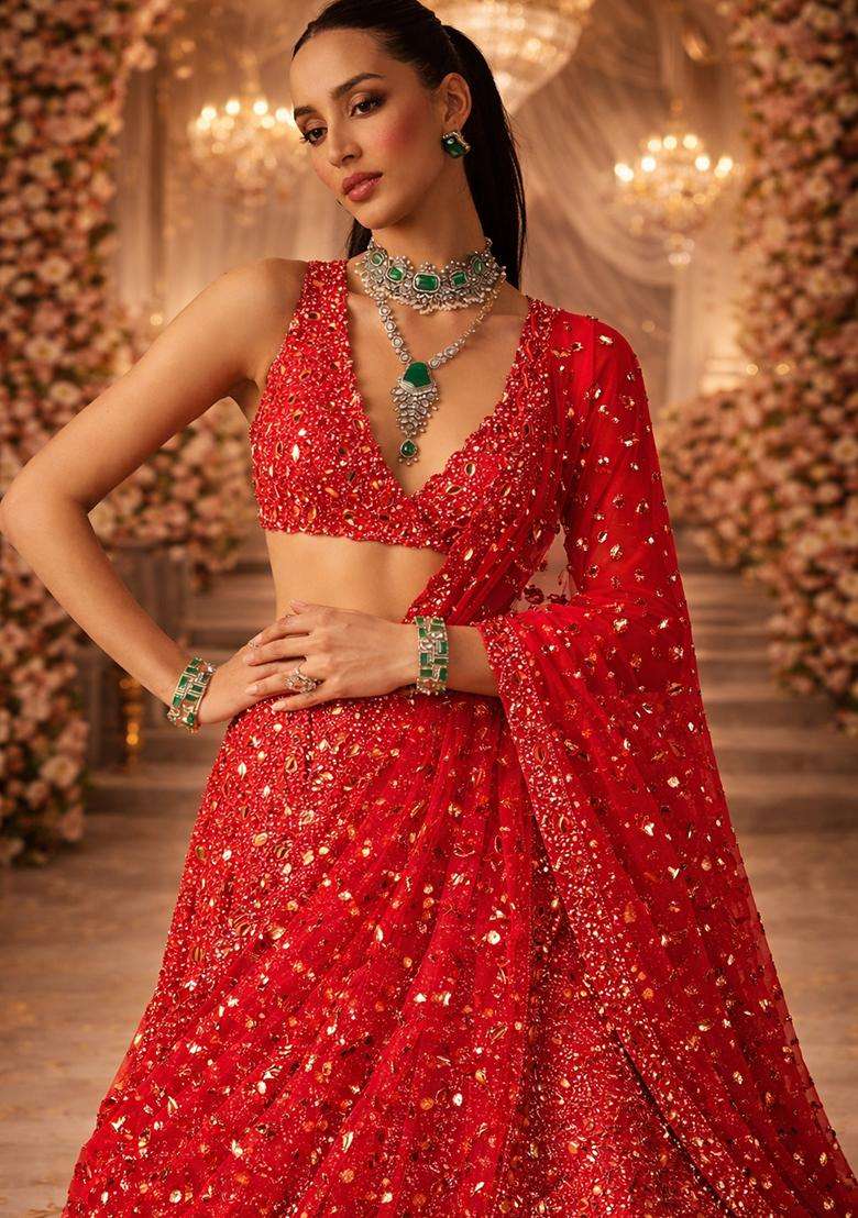 Red Embroidered Bridal Lehenga Set - Indya