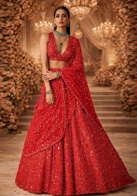 Red Embroidered Bridal Lehenga Set — view on Indya