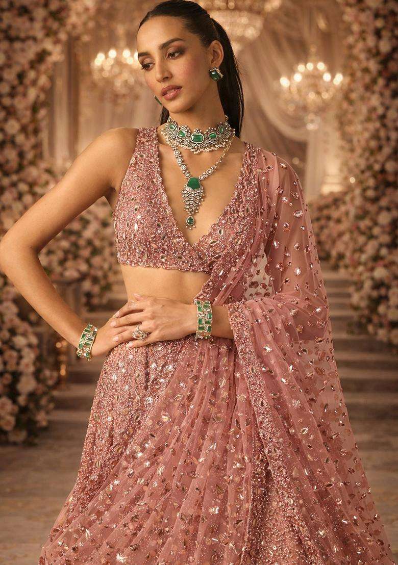 Soft Peach Embroidered Bridal Lehenga Set - Indya
