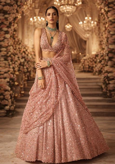 Soft Peach Embroidered Bridal Lehenga Set — view on Indya