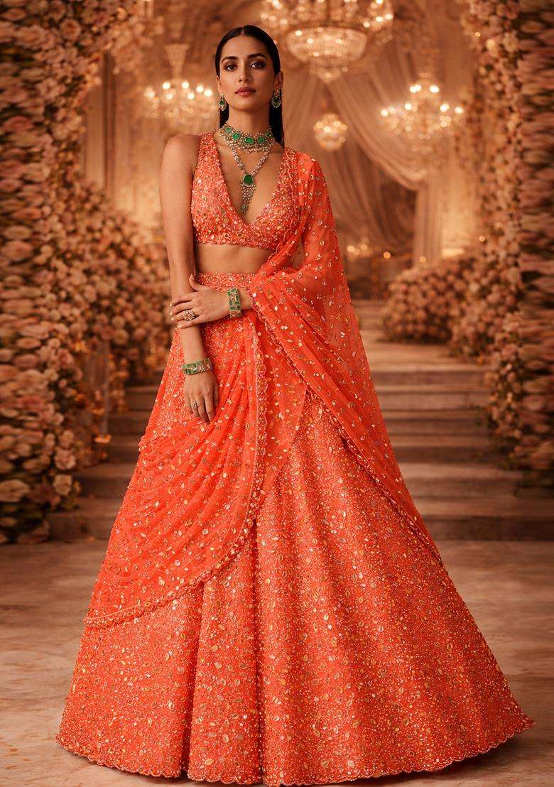 Orange  Embroidered Bridal Lehenga Set - Indya