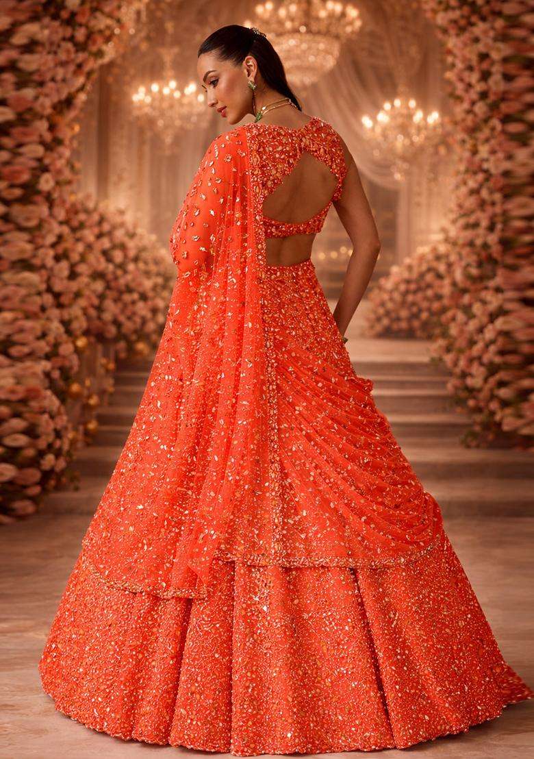 Orange  Embroidered Bridal Lehenga Set - Indya