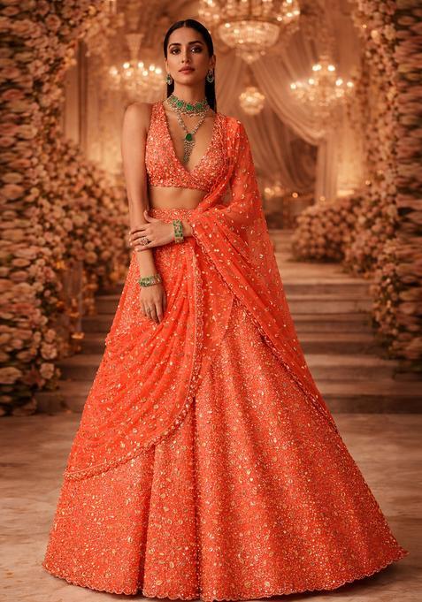 Orange Embroidered Bridal Lehenga Set — view on Indya