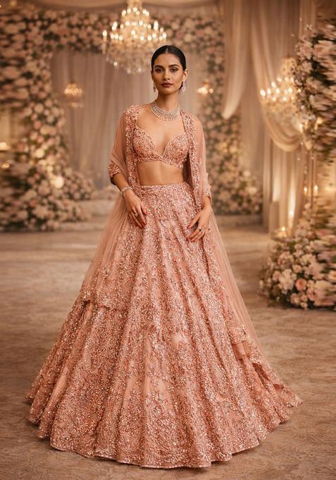 Rose Gold Embroidered Bridal Lehenga Set — view on Indya