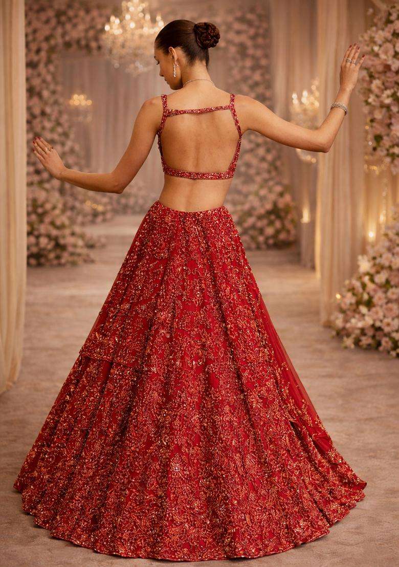 Red Embroidered Bridal Lehenga Set - Indya