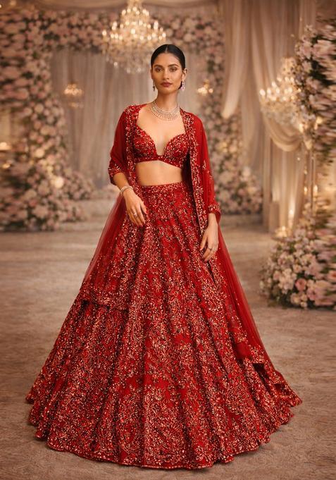 Red Embroidered Bridal Lehenga Set — view on Indya