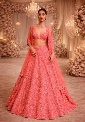 Coral Pink  Embroidered Bridal Lehenga Set