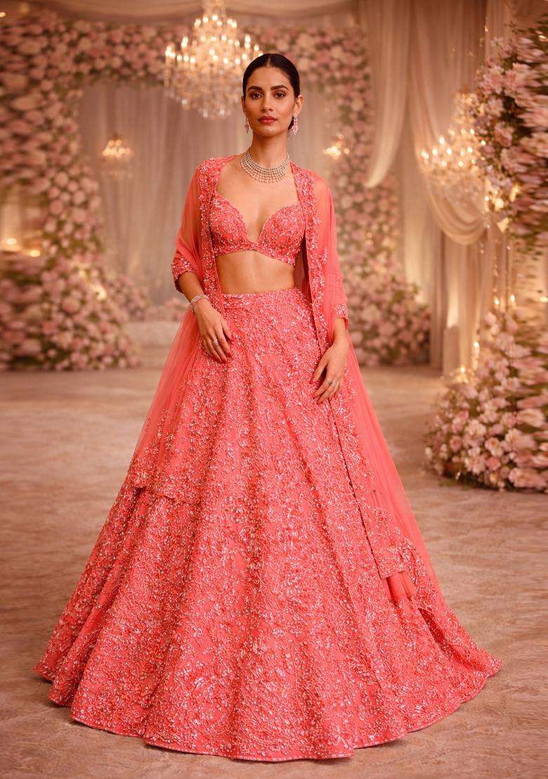 Coral Pink  Embroidered Bridal Lehenga Set - Indya