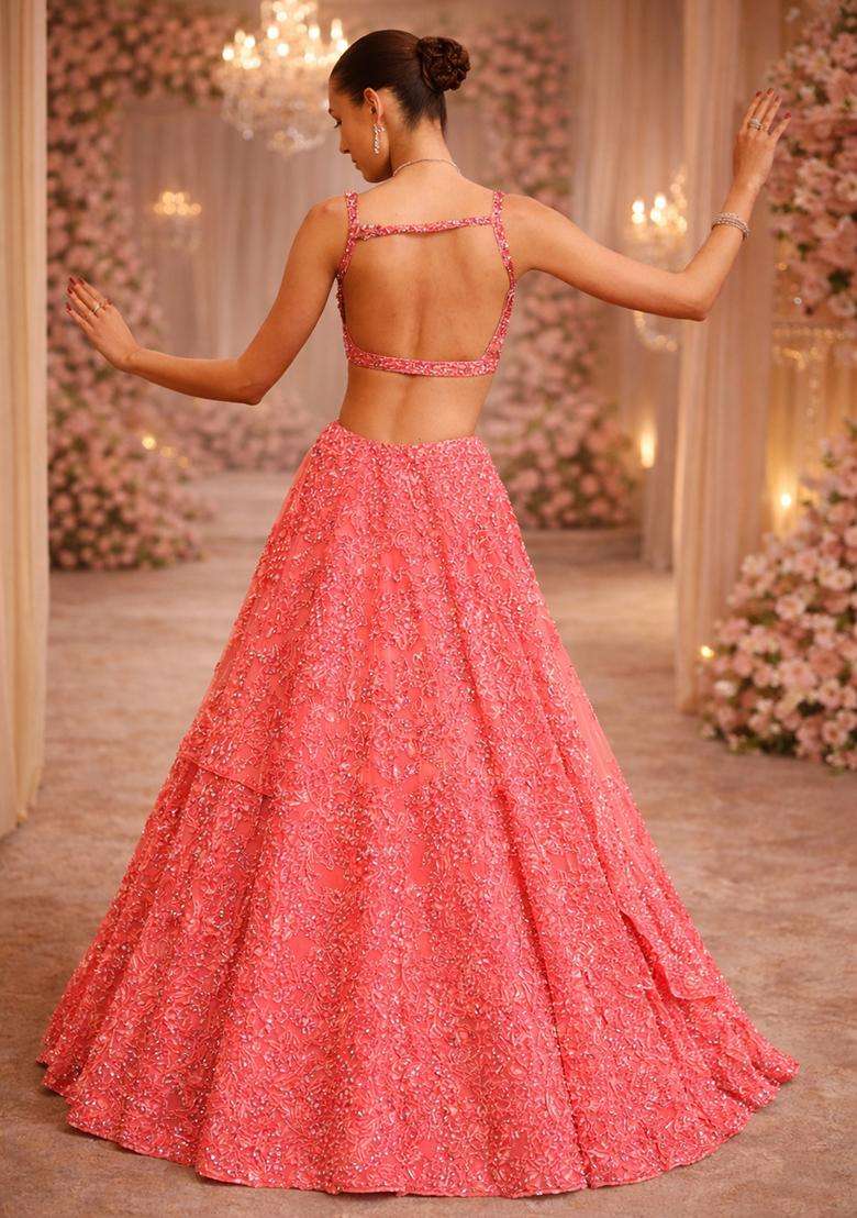 Coral Pink  Embroidered Bridal Lehenga Set - Indya