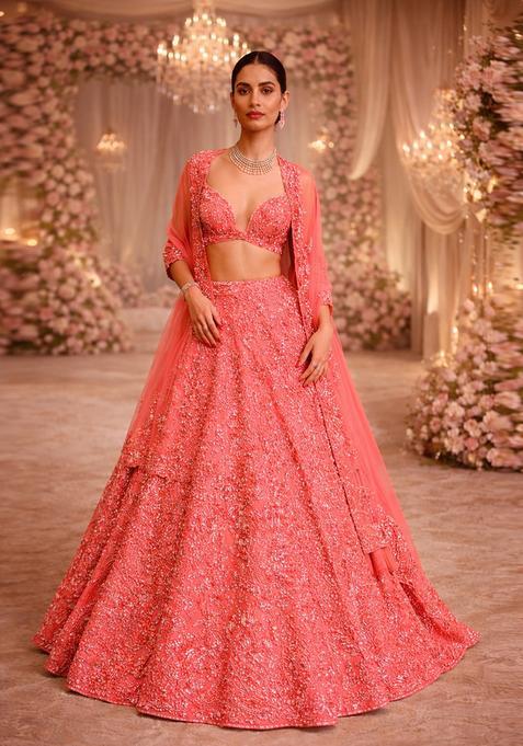 Coral Pink Embroidered Bridal Lehenga Set — view on Indya
