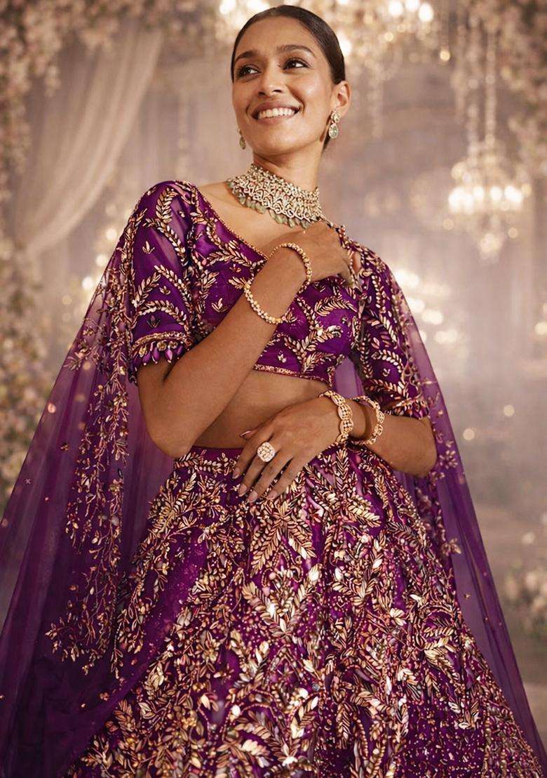 Deep Purple Embroidered Bridal Lehenga Set - Indya