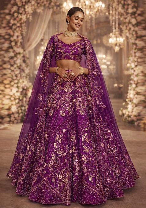 Deep Purple Embroidered Bridal Lehenga Set — view on Indya