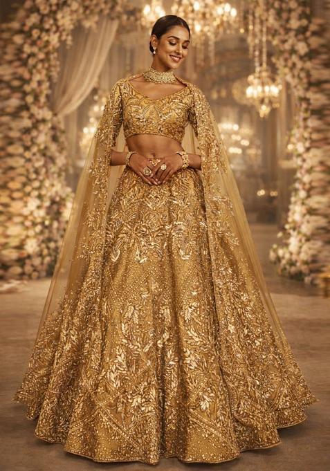Gold Embroidered Bridal Lehenga Set — view on Indya
