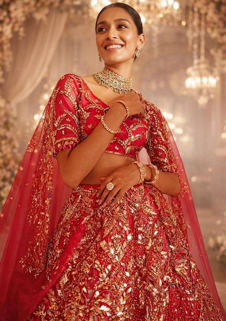 Red Embroidered Bridal Lehenga Set - Indya