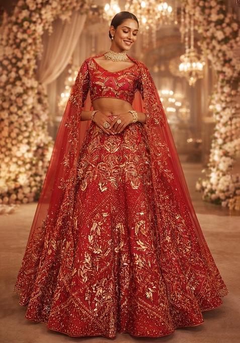 Red Embroidered Bridal Lehenga Set — view on Indya
