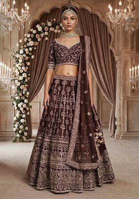 Dark Brown Embroidered Bridal Lehenga Set