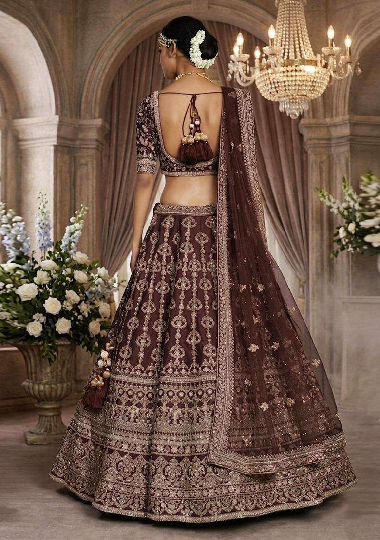 Dark Brown Embroidered Bridal Lehenga Set - Indya