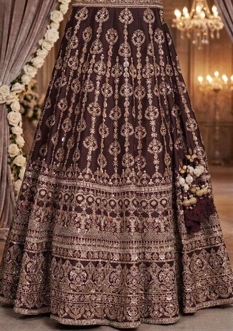 Dark Brown Embroidered Bridal Lehenga Set - Indya