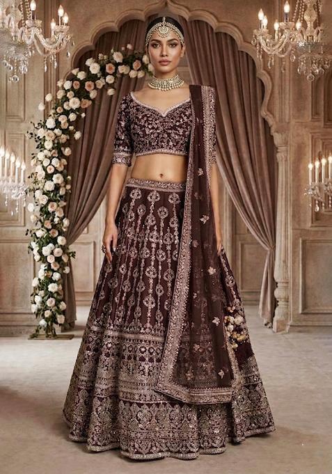 Dark Brown Embroidered Bridal Lehenga Set — view on Indya
