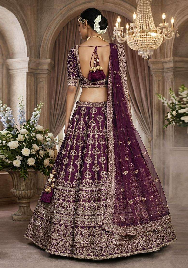 Deep Purple Embroidered Bridal Lehenga Set - Indya