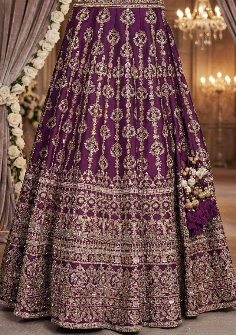 Deep Purple Embroidered Bridal Lehenga Set - Indya