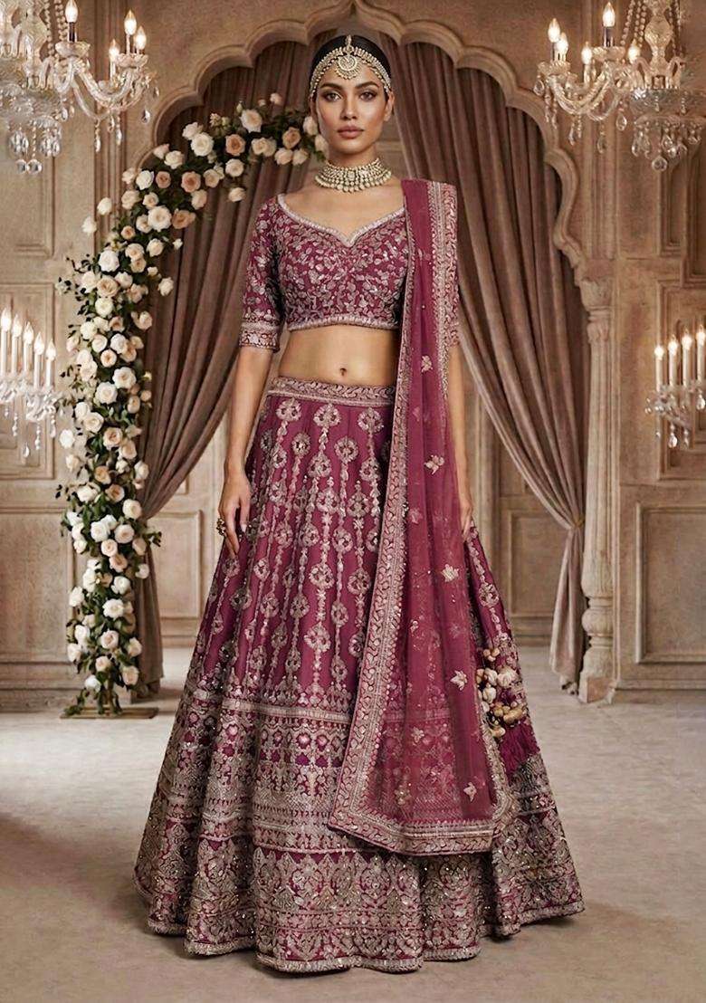 Magenta Embroidered Bridal Lehenga Set - Indya
