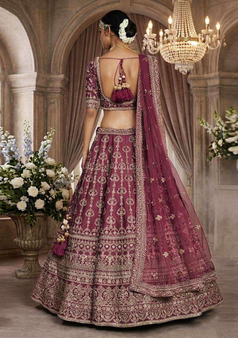 Magenta Embroidered Bridal Lehenga Set - Indya