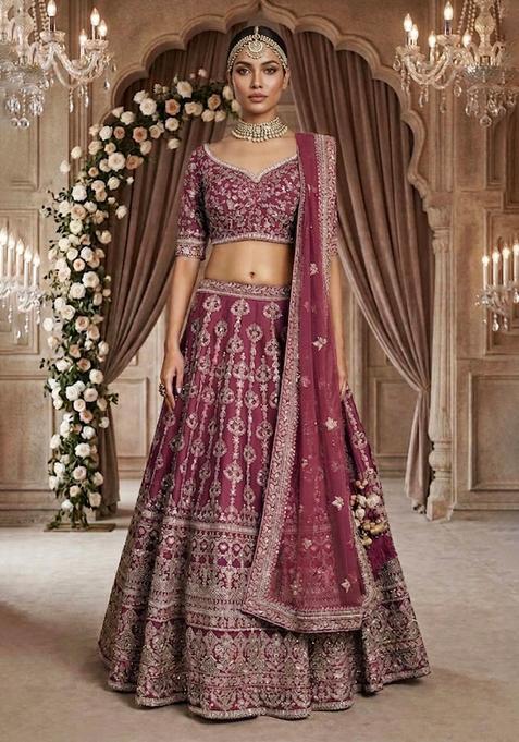 Magenta Embroidered Bridal Lehenga Set — view on Indya
