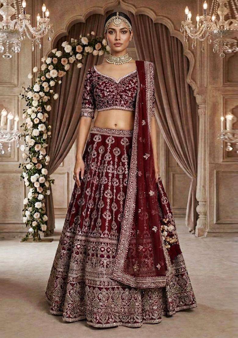 Deep Red Embroidered Bridal Lehenga Set - Indya