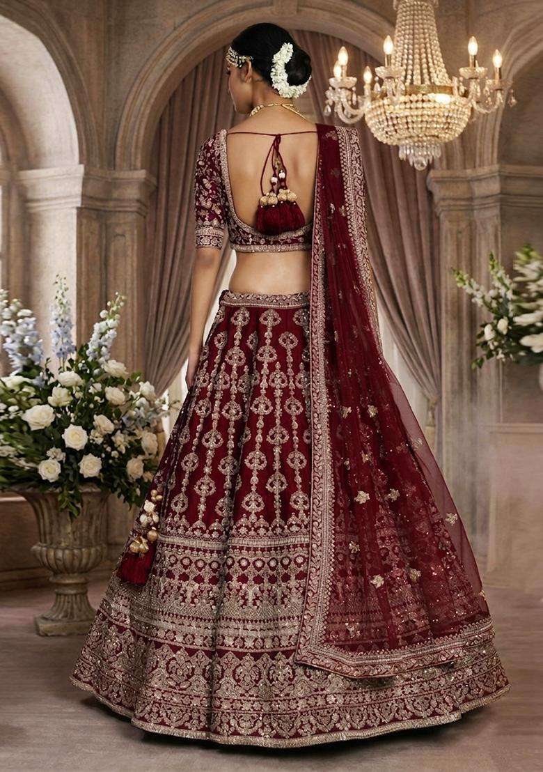 Deep Red Embroidered Bridal Lehenga Set - Indya