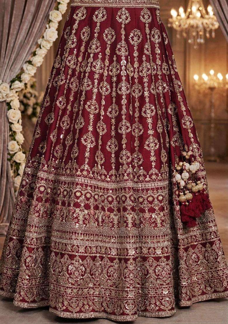 Deep Red Embroidered Bridal Lehenga Set - Indya